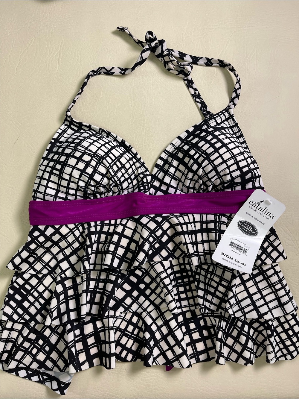 Catalina Black and White Printed Ruffle Tankini Top with Purple Band small